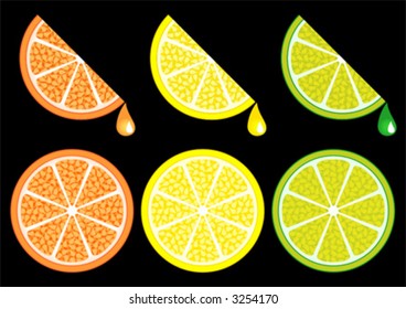 Orange lemon and lime slices over black background. The background is in a different layer.