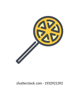 Orange and lemon lollypop color line icon. Sour candy on stick vector outline colorful sign.