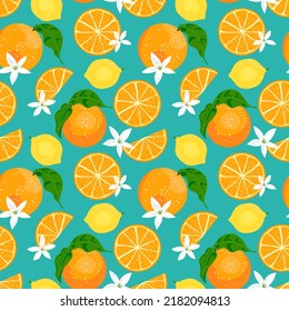 Orange, lemon pattern. Tropical citrus fruits leaves, flowers seamless pattern background.