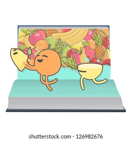 Orange and lemon playing inside a book. Vector design.