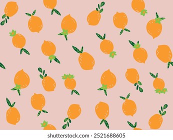 Orange Lemon seamless pattern. Hand drawn vector illustration with lemons with peach base.