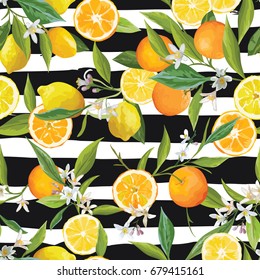 Orange and Lemon Seamless Tropical Pattern in Vector. Illustration of Flowers, Leaves and Fruits.