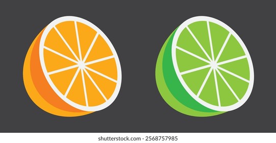 Orange, Lemon slice citrus fruit flat icon. Vector lemon half-cut logo, yellow trending vector illustration. Slices of lime, orange, and lemon square icon. Stylized minimal vector.