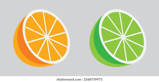 Orange, Lemon slice citrus fruit flat icon. Vector lemon half-cut logo, yellow trending vector illustration. Slices of lime, orange, and lemon square icon. Stylized minimal vector. White background.