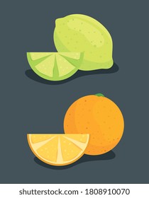 orange with lemon and sliced, fresh fruits vector illustration design