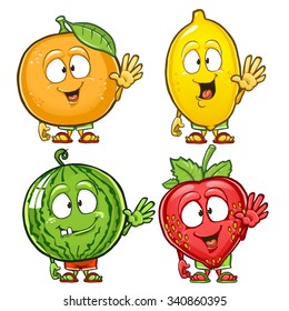 Orange, lemon, watermelon and strawberry cartoon characters waving hands isolated on white background