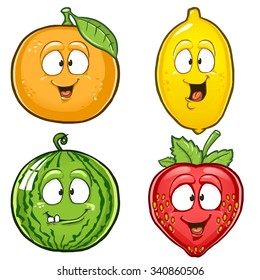 Orange, lemon, watermelon and strawberry cartoon characters isolated on white background