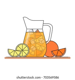 Orange lemonade with citrus slices and ice in jug and cut lemon and orange isolated on white background. Vector illustration in flat style.