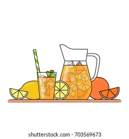 Orange lemonade with citrus slices, ice and meant in jug and glass with straw and cut lemon and orange isolated on white background. vector illustration in flat style.