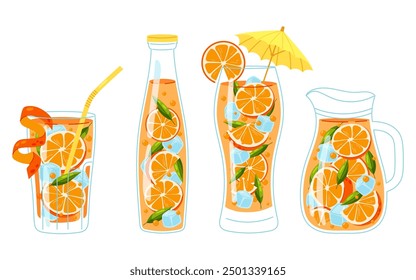 Orange lemonade in flat style. Set of summer cold drinks. Lemonade with ice in different glass containers. Cold drinks.