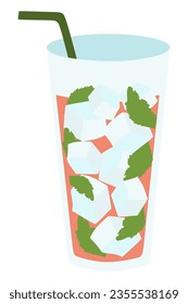 Orange Lemonade, Flat style Vector illustration. Cartoon Summer Beverage with syrup, straw, ice cubes, mint in Glass. Refreshing cold Fruit Drink. Graphic for Poster, Banner, Flyer.