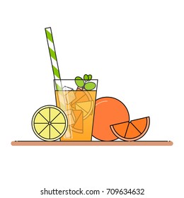 Orange lemonade with fruit slices, ice and meant in glass with straw and cut lemon and orange isolated on white background. vector illustration in flat style.