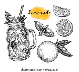 Orange lemonade and ingredients. Retro style ink sketch isolated on white background. Hand drawn vector illustration. Retro style ink sketch.