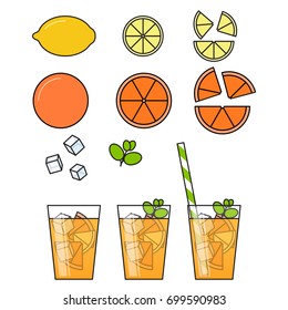 Orange lemonade and ingredients set with fruit slices, ice and meant in glass with straw and cut citrus isolated on white background. Isolated vector illustration in flat style.