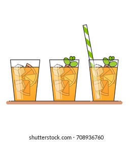 Orange lemonade set with fruit slices, ice and meant in glass with straw isolated on white background. vector illustration in flat style.