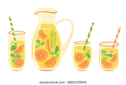 Orange lemonade vector set. Ribbed pitcher and glasses with citrus juice, orange slices, mint and striped straws isolated on white background. Summer beverage clipart. Refreshing drinks for menu