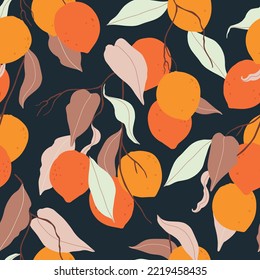 Orange lemons and beige foliage on a dark blue.  vector pattern. Modern lemon and tree branches texture. Elegant vector pattern for wrapping, stationery, textile, clothes and packaging.