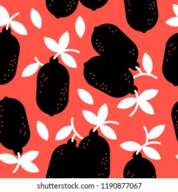 Orange, lemons fruits, citruses, exquisite, cute, tender seamless pattern. Black fruits with white twigs and leafs. On red background.