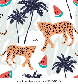 Orange leopard, watermelon and palm trees on the white background with pastel strokes. Vector seamless pattern with african animal and fruit. Tropical illustration. Hand drawn.