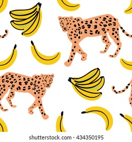 Orange leopard, yellow banana on the white background. Vector seamless pattern with african animal and fruit. Tropical illustration. Hand drawn.