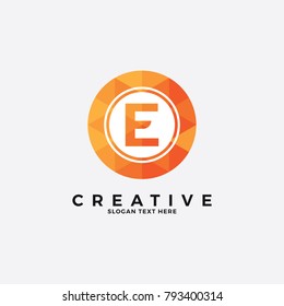 Orange letter E logo illustration template, with polygonal style.