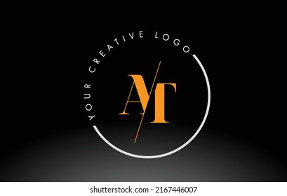 Orange AT Letter Logo Design with Creative Intersected and Cutted Serif Font.