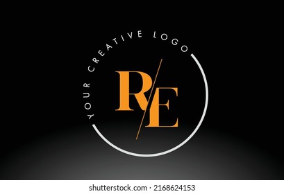 Orange RE Letter Logo Design with Creative Intersected and Cutted Serif Font.