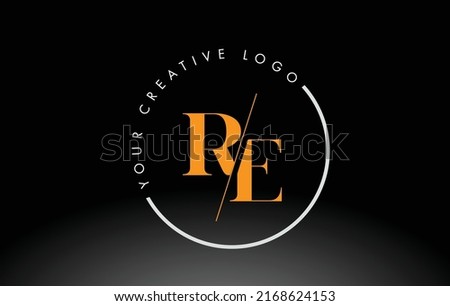 Orange RE Letter Logo Design with Creative Intersected and Cutted Serif Font.