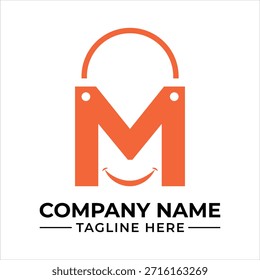 Diseño de logotipo de letra m naranja que se asemeja a un concepto de bolso de compras alegre
