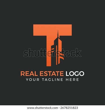 Orange Letter T Logo with Skyscraper Silhouette for Real Estate vector illustration