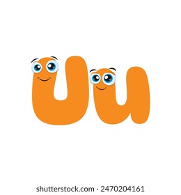 Orange Letter U Cartoon Character With cute eyes. Illustration of funny Cartoon Alphabet font type character for education. Cute children ABC alphabet flash card with letter U for kids learning.