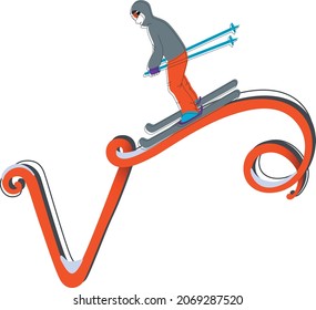 Orange letter V with grey lines as decoration and snow in the Orange letter V with grey lines as decoration and snow in the concave holes bearing a skier with orange goggles and trousers and grey coat