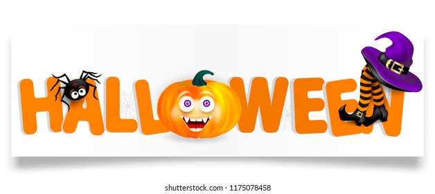 Orange lettering Halloween with pumpkin with happy face, spider, purple witch hat and legs with striped stockings isolated on white background. Halloween horizontal banner with shadow