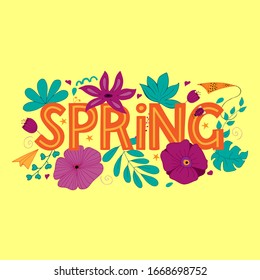 Orange lettering spring and flower with leaf on dark purple background, lettering text, vector stock illustration