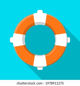 orange life ring icon in flat style. Equipment for rescue of drowning, first aid to vacationers. Color vector on blue back