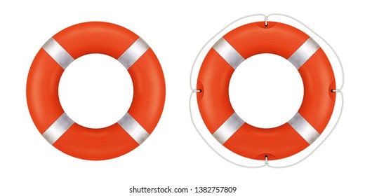 Orange lifebuoy set. Includes design with rope. Vector illustration isolated for all backgrounds.