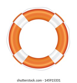 Orange lifebuoy with white stripes and rope (life salvation). Isolated on white background. Vector illustration.