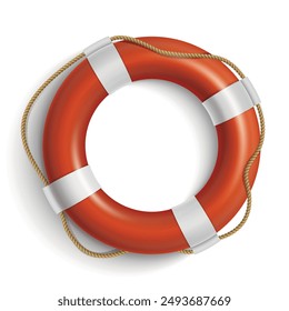 An orange lifebuoy with white stripes and a rope is shown against a white background.