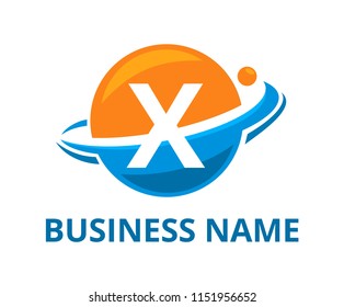orange and light blue color planet circle get slice into half logo graphic design with modern clean style for protection or security company with initial type letter x on it