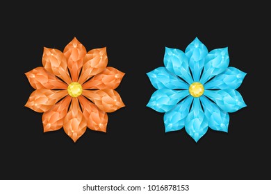 Orange and Light Blue Diamond Flower. Vector Illustration of Abstract Brilliant Flower with Shiny Glares, on the Black Background. Luxury Jewelry Flower with Shadow