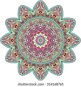 Orange, light blue, pink mandala. Vintage decorative elements. Hand drawn background. Logo.
