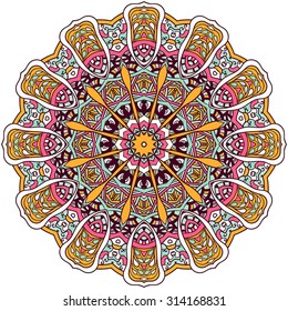 Orange, light blue, pink mandala. Vintage decorative elements. Hand drawn background. Logo.