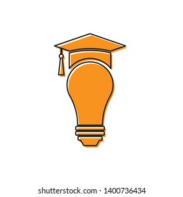 Orange Light bulb and graduation cap icon isolated on white background. University Education concept. Vector Illustration