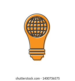 Orange Light bulb with inside world globe icon isolated on white background. Planet Earth on the lamp. Global ecology concept. Vector Illustration