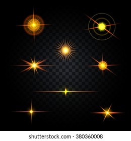 Orange light effects. Set of lights. Vector lights effects. Glowing light and star. Bright vector lights.