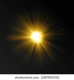 Orange light flash on transparent background. Explosion vector template. Realistic illustration with glowing burst star. Bright glare effect. Solar flare. Flash in the sun