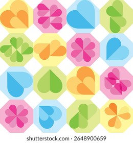 Orange light pink sky blue and light green octagon with the heart inside seamless pattern. Octagon various color repeated texture.