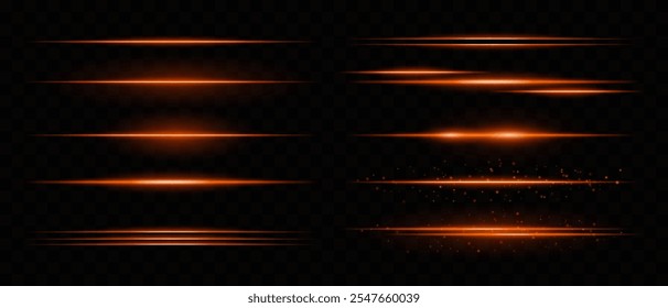 Icono de conjunto de luz naranja. Horizontales rayas de color naranja brillante con partículas radiantes, que representan la energía, la velocidad y el diseño futurista sobre un fondo oscuro. Ideal para imágenes de ciencia ficción