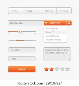 Orange Light User Interface Controls. Web Elements. Website, Software UI: Buttons, Switchers, Slider, Drop-down, Navigation Bar, Menu, Check Box, Scroller, Input Search, Progress Bar, Text Area Rating