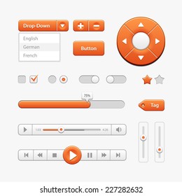 Orange Light User Interface Controls. Web Elements. Website, Software UI: Buttons, Switchers, Drop-down, Navigation Bar, Menu, Check Box, Radio, Scroller, Progress Bar, Volume, Tag, Player, Play